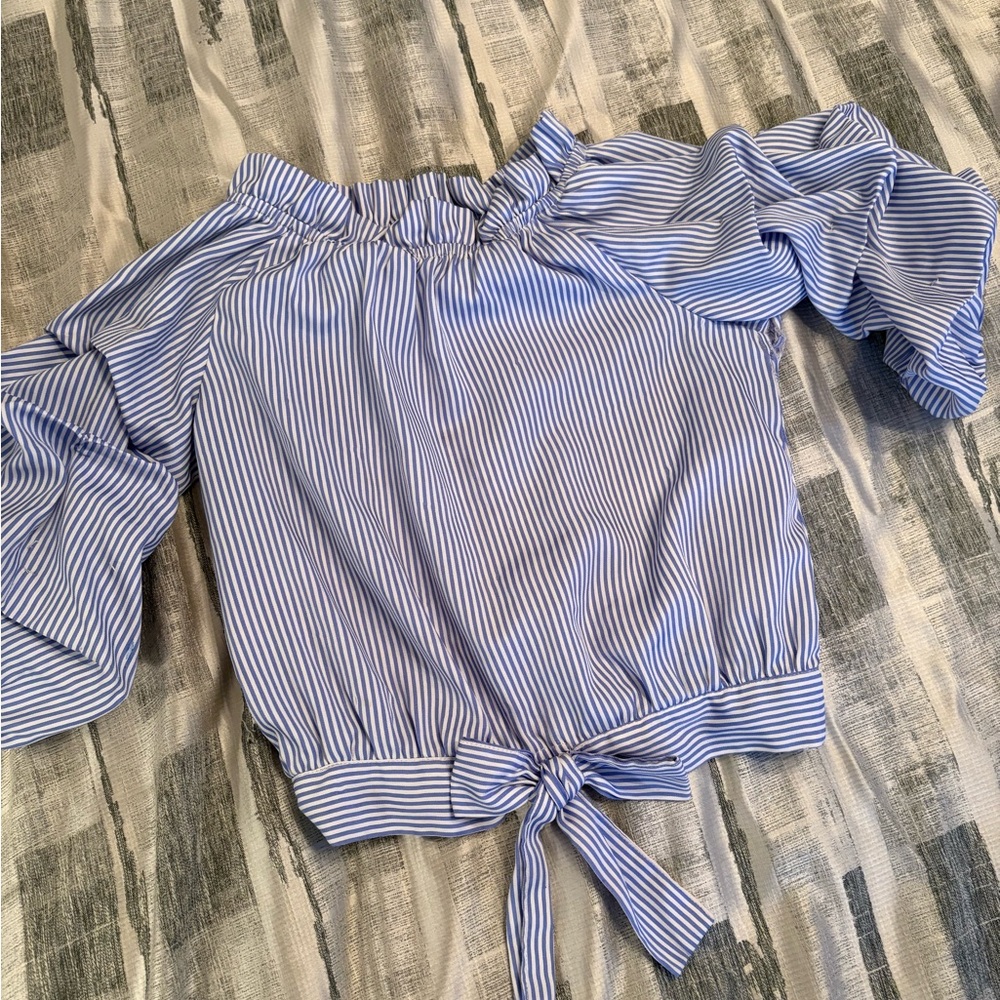 Girls Blue and White Stripe Ruffle Blouse Sz 10